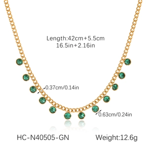 Detailed specs of gold fringe necklace with green zircon stones showing size and weight