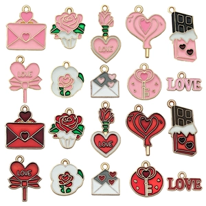 Valentine's Day Enamel Zinc Alloy Heart Charms DIY Jewelry Pendants Romantic Pink Red Rose Envelope Key Pendant Craft For Women