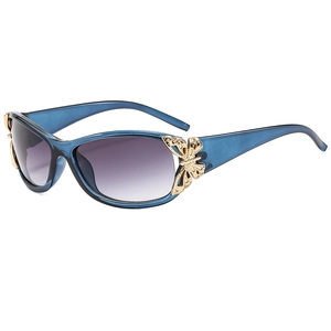 Fashionable blue wrap rectangle sunglasses for women with purple gradient lenses