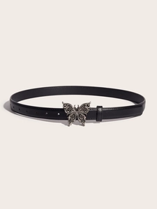 Detailed view of the vintage butterfly metal buckle on a black leather belt for jeans