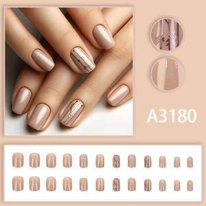 Braune kurze eckige Kunstnägel mit minimalistischen Linienmustern im 24er-Set