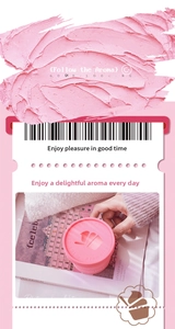 Pink jar of aromatherapy fragrance balm with ice cream icon and creative movie ticket border