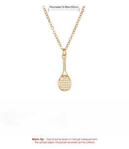 Detail view of a copper tennis racket pendant with zircon inlay and 50cm chain specs