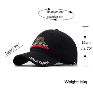 Black cotton baseball cap with California Republic bear embroidery and curved brim
