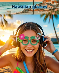 Close-up of Hawaiian party glasses with glitter green frame and tropical palm leaf details