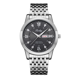 Men's silver stainless steel watch with black dial and day-date display on white background