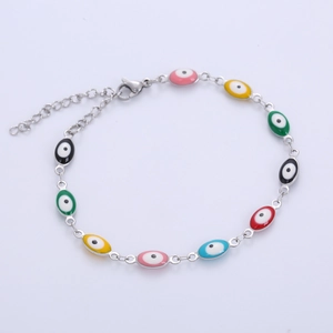 Silver stainless steel evil eye bracelet featuring multi-color enamel charms and lobster clasp