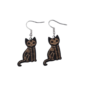 Gothic black wood earrings featuring a skeleton cat design for Halloween style