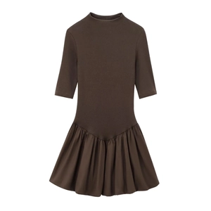 Slim fit dark brown mock neck dress with short sleeves and pleated skirt on white background