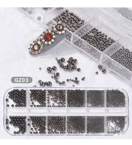 Detail of 12-grid nail art steel beads set with mixed sizes and gray caviar bead accents