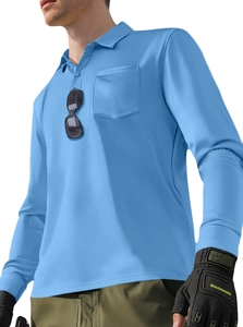 Close-up of sky blue polo shirt showing breathable mesh fabric and tactical chest pocket