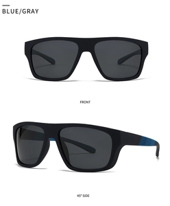 Front and side view of matte black sports sunglasses with blue accents and gray lenses