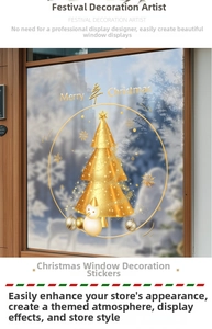 Détail d'un autocollant doré pour fenêtre sapin de Noël avec texte sur verre
