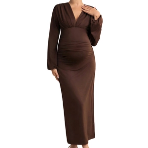 Deep brown V-neck long sleeve maternity maxi dress with side ruched waist design