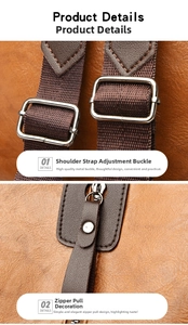 Detail of brown leather backpack showing adjustable silver buckles and long zipper pulls