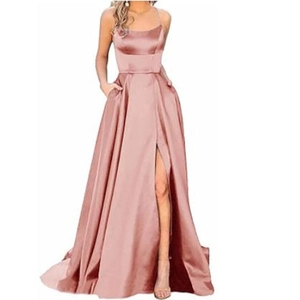 Women Satin Evening Prom Dress Spaghetti Straps High Slit A-Line Formal Gown With Pockets
