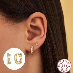 Elegant 925 sterling silver gold crisscross hoop earrings with pavé diamonds for women