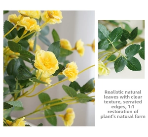 Detailed close-up of lifelike yellow rose petals and textured serrated leaves for decor