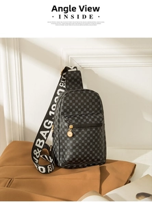 Detail of grey geometric pattern chest bag with branded wide strap and gold hardware