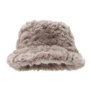 Plush faux fur bucket hat in taupe color featuring thick warm material for winter