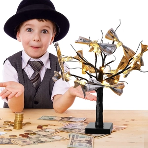 Detail of LED birch tree money holder with small lights and clips for cash gifts