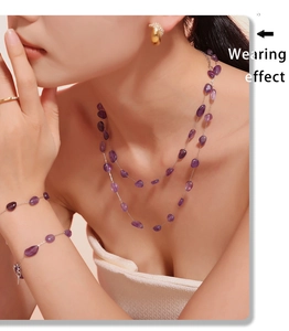 Wearing effect of Bohemian layered purple stone necklace and bracelet jewelry set