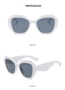 Detailed views of white square oversized sunglasses with dark lenses from multiple angles