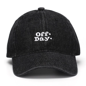 Classic black washed denim baseball cap with white Off Day embroidery and curved brim