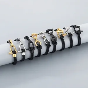 Men's Woven Microfiber Leather Bracelet With 304 Stainless Steel Horseshoe Shackle Buckle Nautical Fashion Jewelry