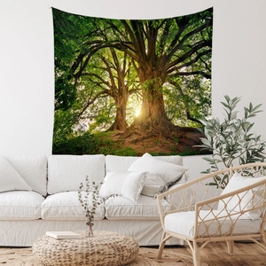 Nordic wall hanging tapestry featuring sunlight through ancient forest trees for room decor