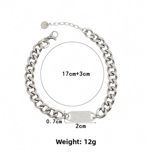 Detail of stainless steel Cuban chain bracelet with Happy Every Day smiley tag