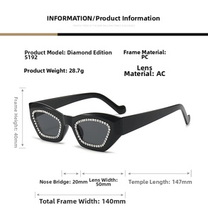 Detailed specs of cat-eye sunglasses with rhinestone edges and PC frame dimensions