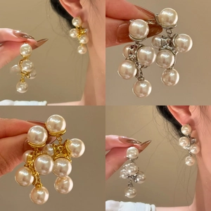 Elegant Multi Artificial Pearl Drop Earrings French Geometric Round Alloy With 925 Sterling Silver Earring Post For Women