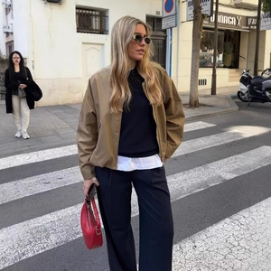 Women Casual Bomber Jacket Loose Zipper Up Windbreaker Polyester Solid Color Flap Pocket Streetwear Outerwear Coat