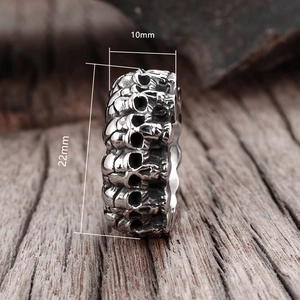 Hip hop stainless steel skull ring with vintage silver finish and embossed detailing
