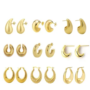 Chunky Hoop Earrings Stainless Steel 18K Gold Plated Water Drop C-Shaped Geometric Retro Style For Women