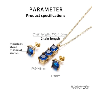 Dettaglio del set gioielli in acciaio con misure di collana e orecchini in zircone blu