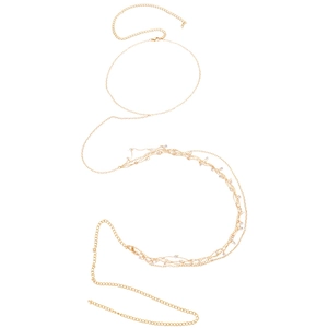 Layered gold body chain with zircon beads and fringe tassels on a clean white background