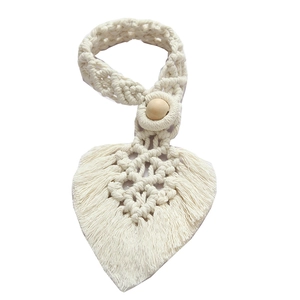 Handwoven Nordic cotton rope curtain tieback with wooden bead and heart leaf tassel design
