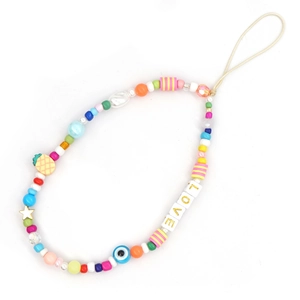 Détails du bijou de téléphone en perles colorées avec lettres LOVE et œil bleu