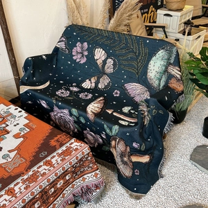 Bohemian Woven Throw Blanket Cotton Mushroom Butterfly Moon Pattern Tassel Decorative Multi-functional Sofa Cover Camping