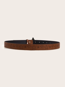 Detail shot of brown leather belt with embossed star patterns and metallic buckle closure