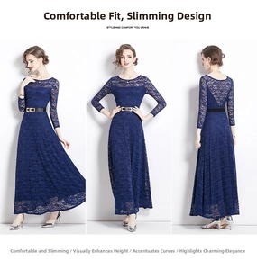 Layout a tre viste di un abito in pizzo blu scuro con maniche lunghe e silhouette ad A