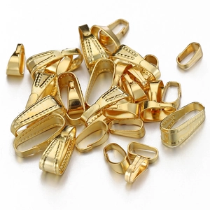 Golden stainless steel pinch bails for necklaces with textured patterns on white background