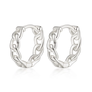 Macro detail of high-polish silver chain link texture on S925 sterling silver hoop earrings