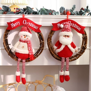 Handmade Rattan Christmas Wreath Pendant Santa Claus Snowman Reindeer Hanging Decor For Door Wall Holiday Home Decoration