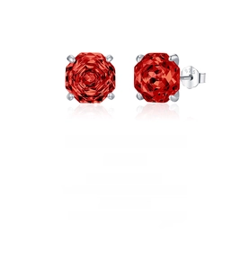 Detailed close-up of S925 sterling silver ear studs featuring a red octagon cut gemstone