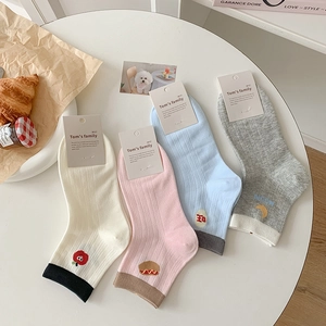 Women Cotton Blend Crew Socks Cartoon Animal Embroidery Contrast Ribbed Cuff Thin Breathable Japanese Style Casual