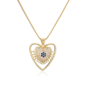 18K gold plated copper necklace with evil eye heart pendant and blue zircon stones