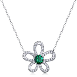 Floral S925 silver necklace with emerald-green gemstone and sparkling zircon halo